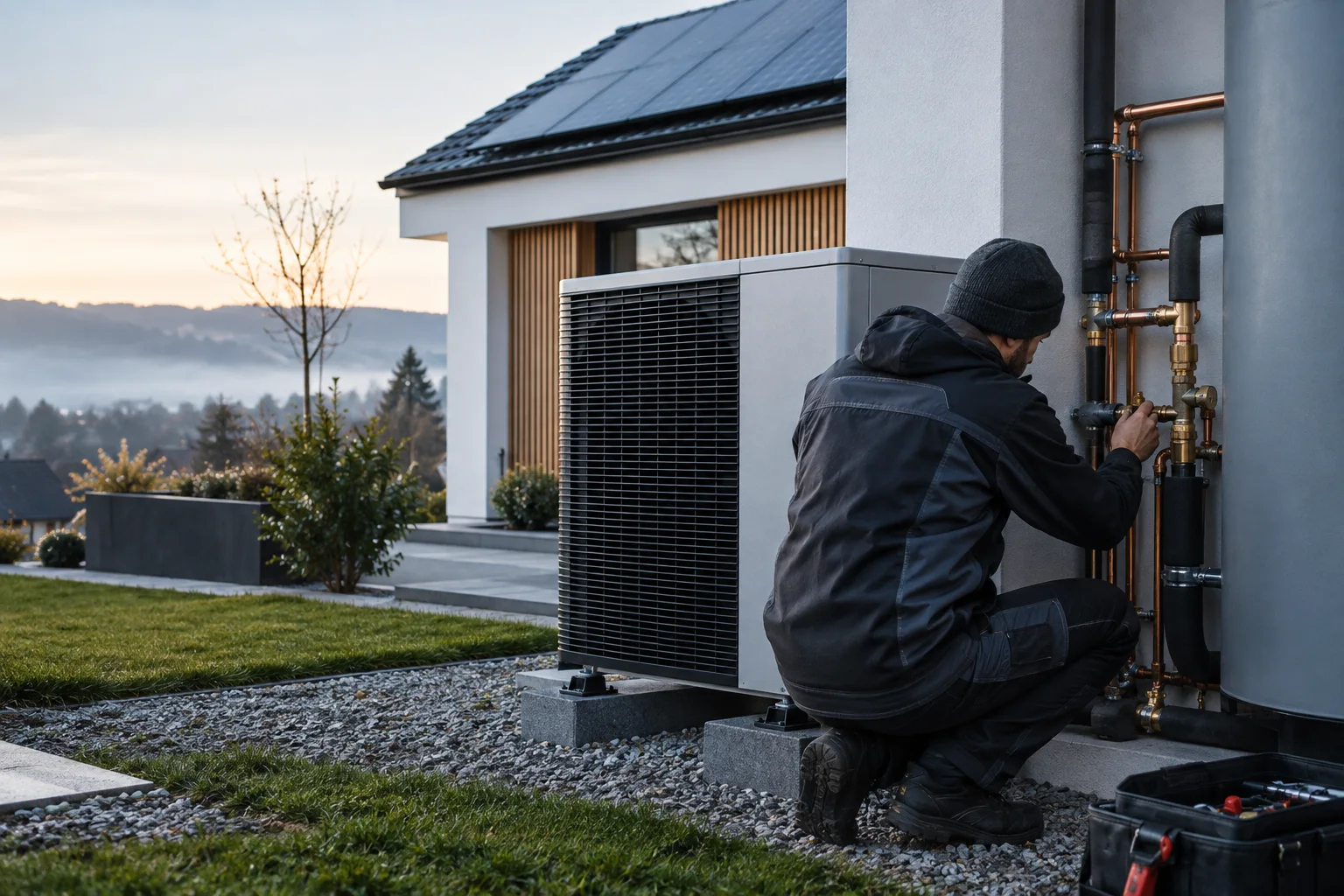 Technician inspecting pipework beside an outdoor heat-pump unit at a modern home